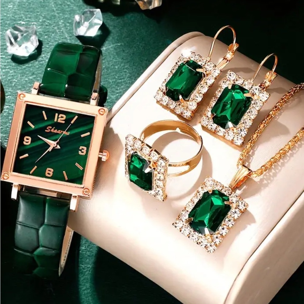 5pcs/set Women's Watch Elegant Square Leather Wrist Watch & Jewelry Set